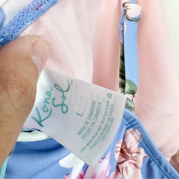 Kona Sol Floral One Piece Swimsuit Blue Pink Ruffle NWT Large - Picture 9 of 12